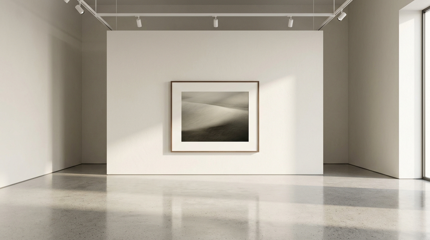 An empty gallery interior with one framed artwork