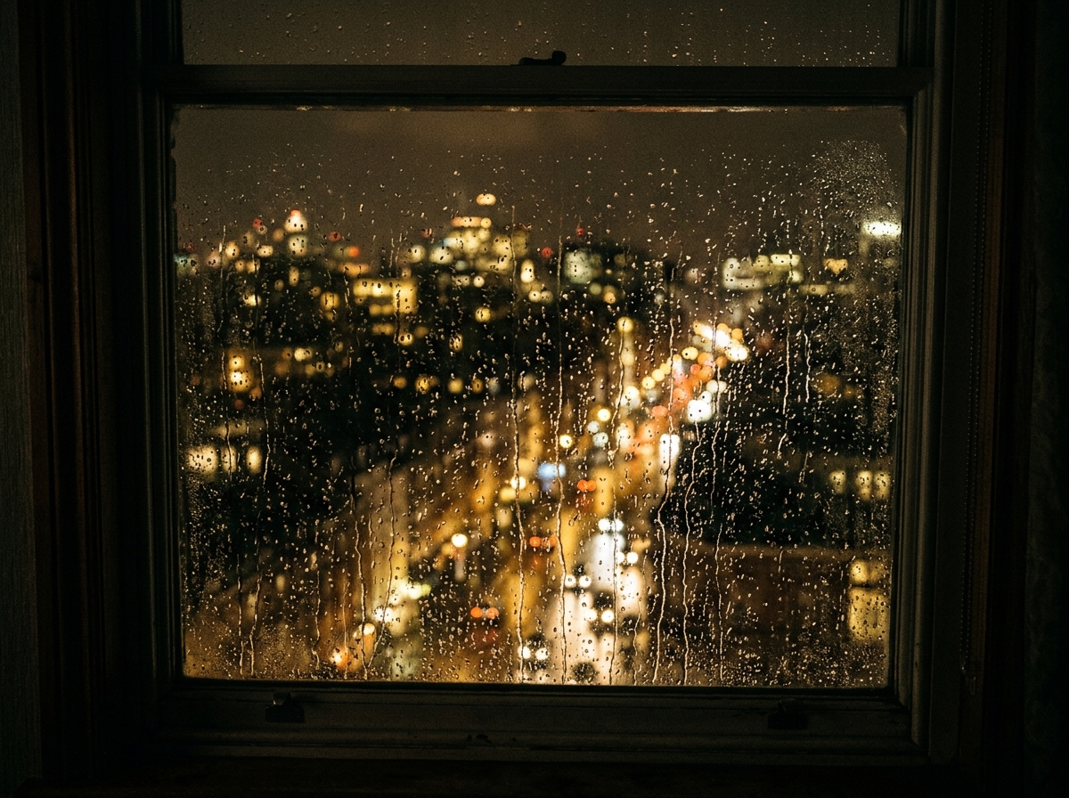 Rain-streaked window at night with blurred city lights