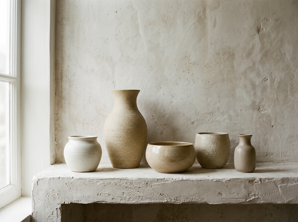 Ceramic vessels on a plaster shelf in soft light