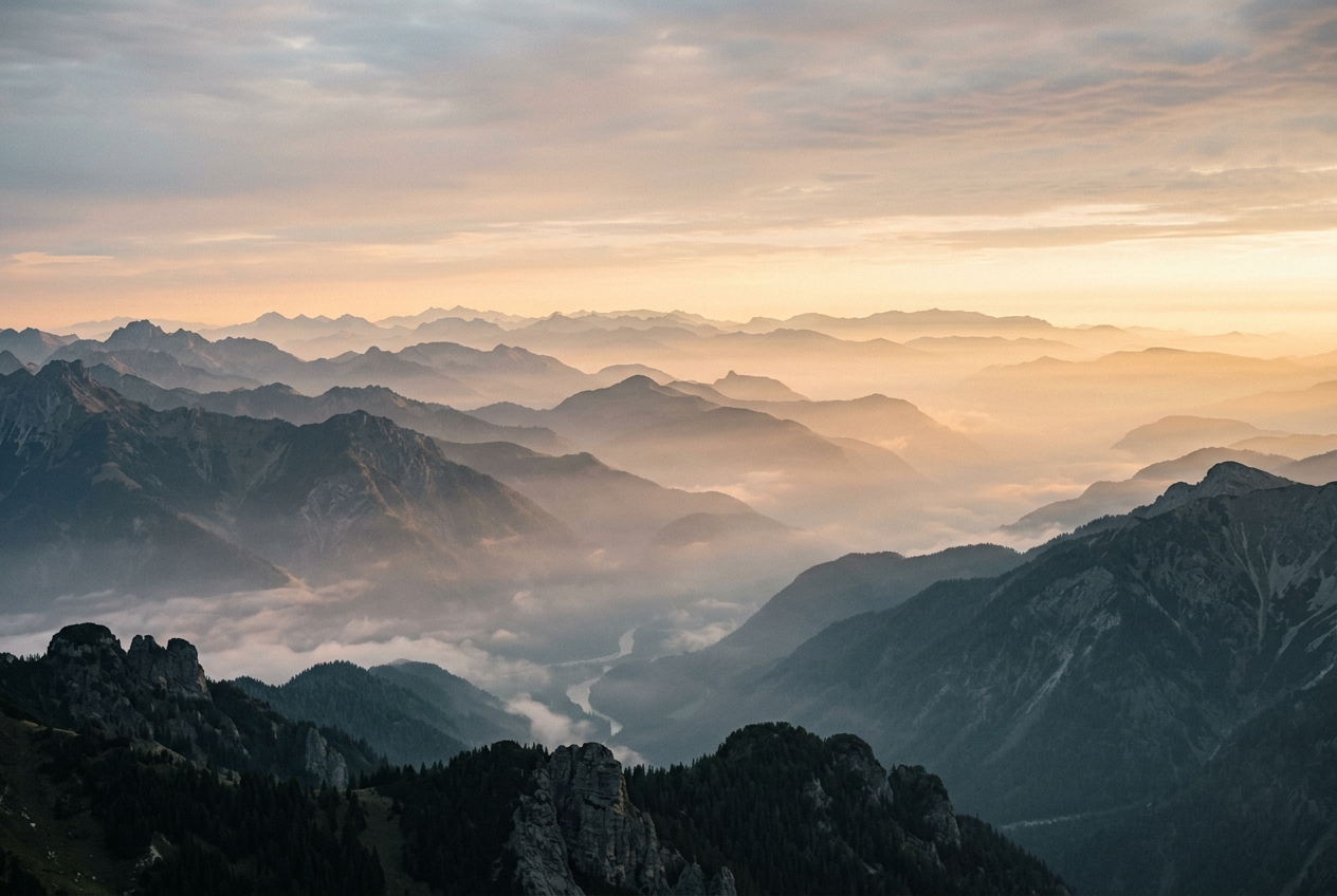 Layered mountain ridgelines dissolving into golden dawn mist